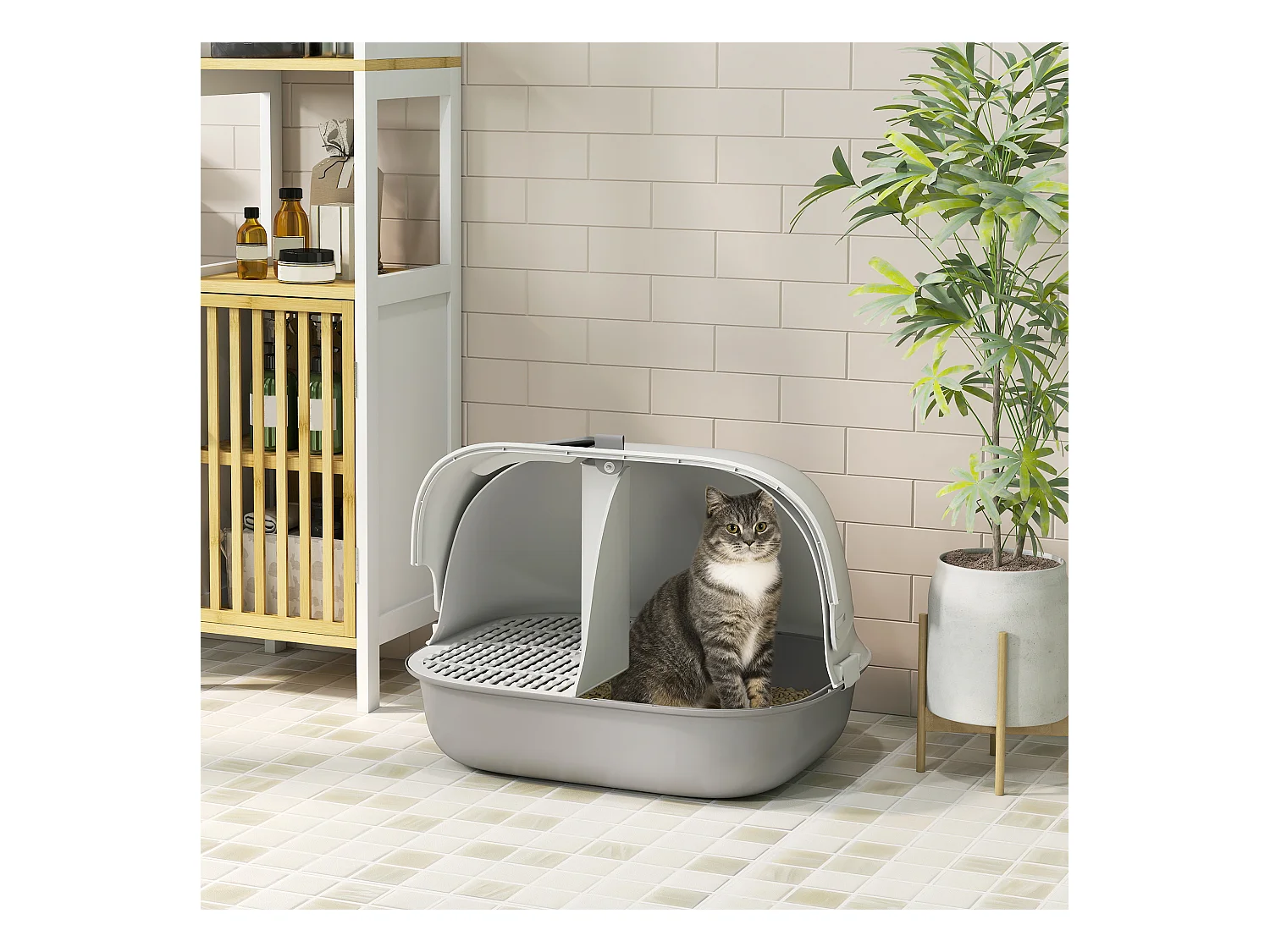 Lettiera per gatti chiusa con coperchio e gattaiola in pp grigio e bianco