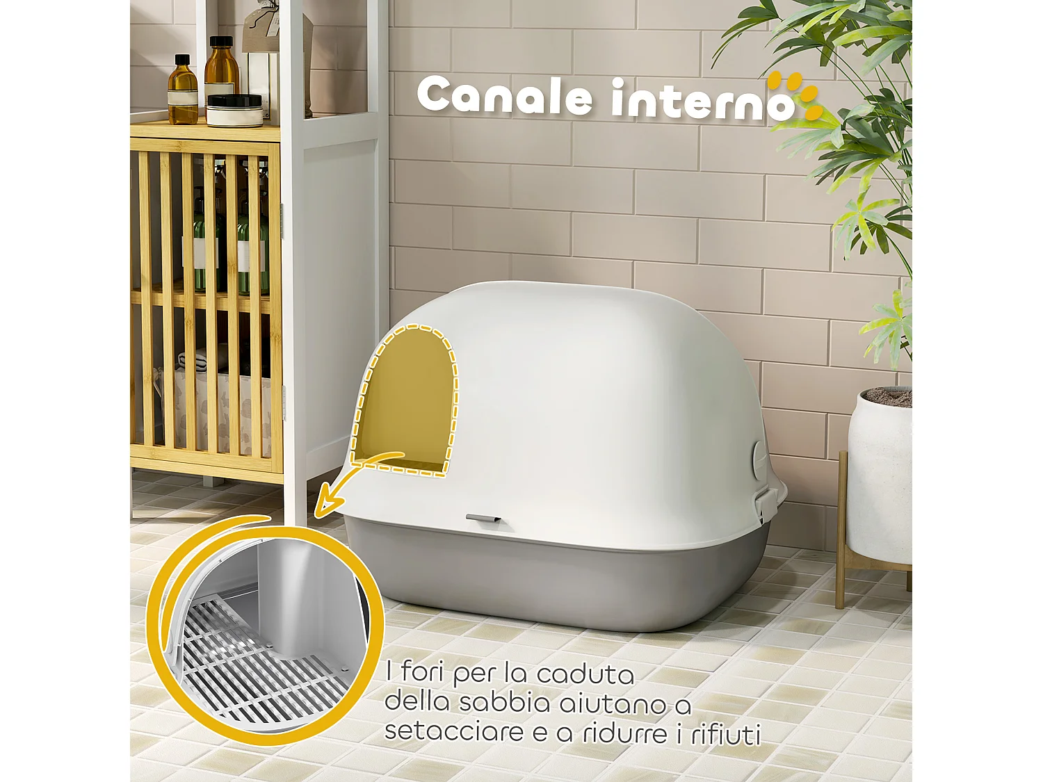 Lettiera per gatti chiusa con coperchio e gattaiola in pp grigio e bianco