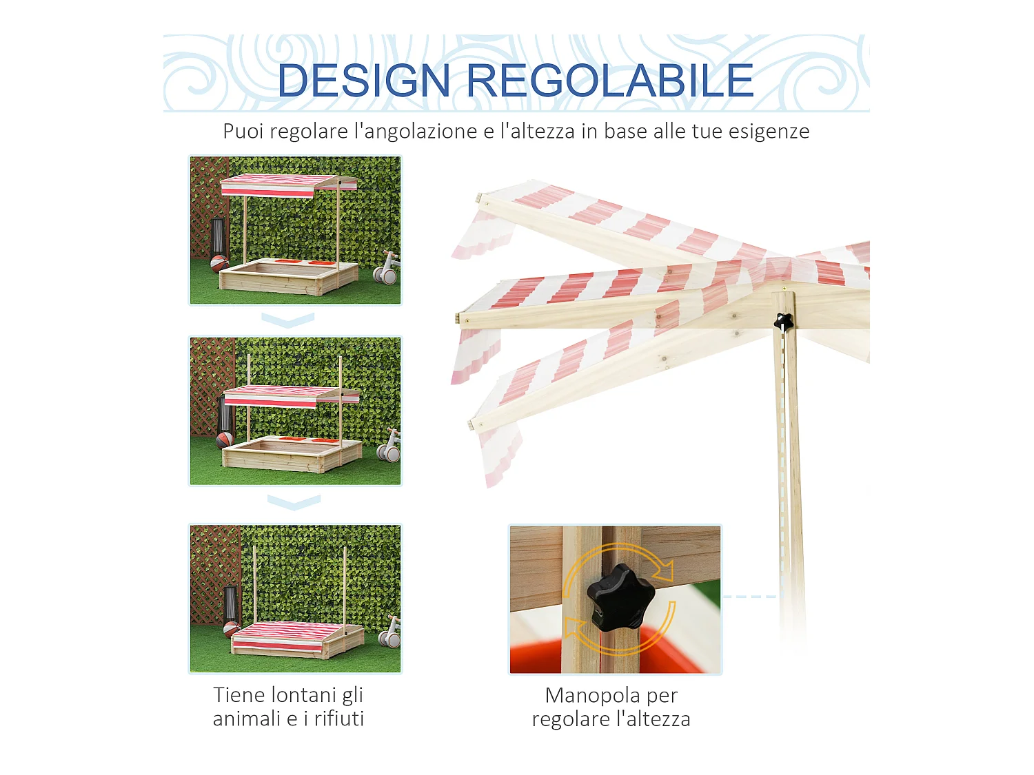 Sabbiera per bambini 3-8 anni in legno con tettuccio regolabile