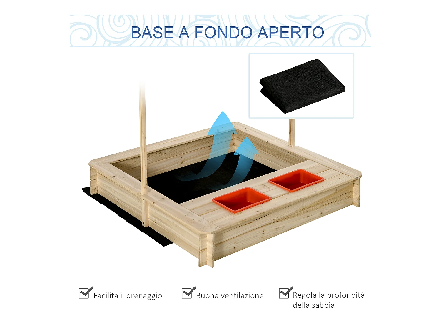 Sabbiera per bambini 3-8 anni in legno con tettuccio regolabile