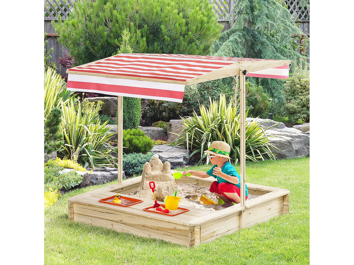 Sabbiera per bambini 3-8 anni in legno con tettuccio regolabile