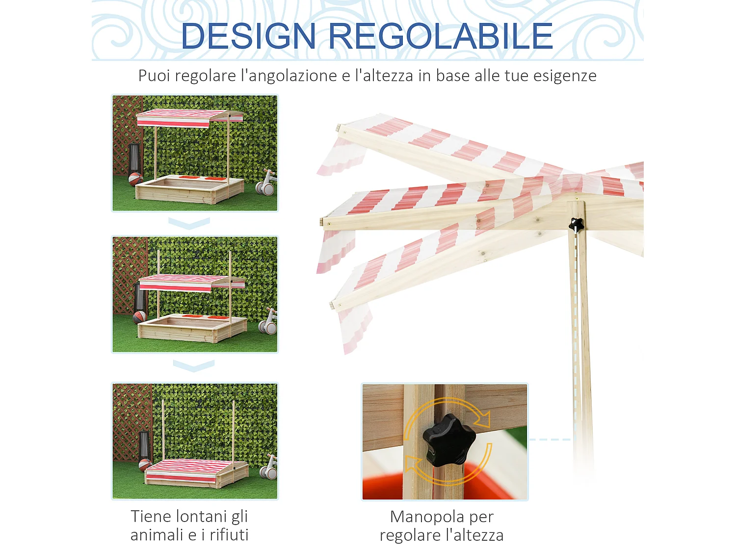 Sabbiera per bambini 3-8 anni in legno con tettuccio regolabile