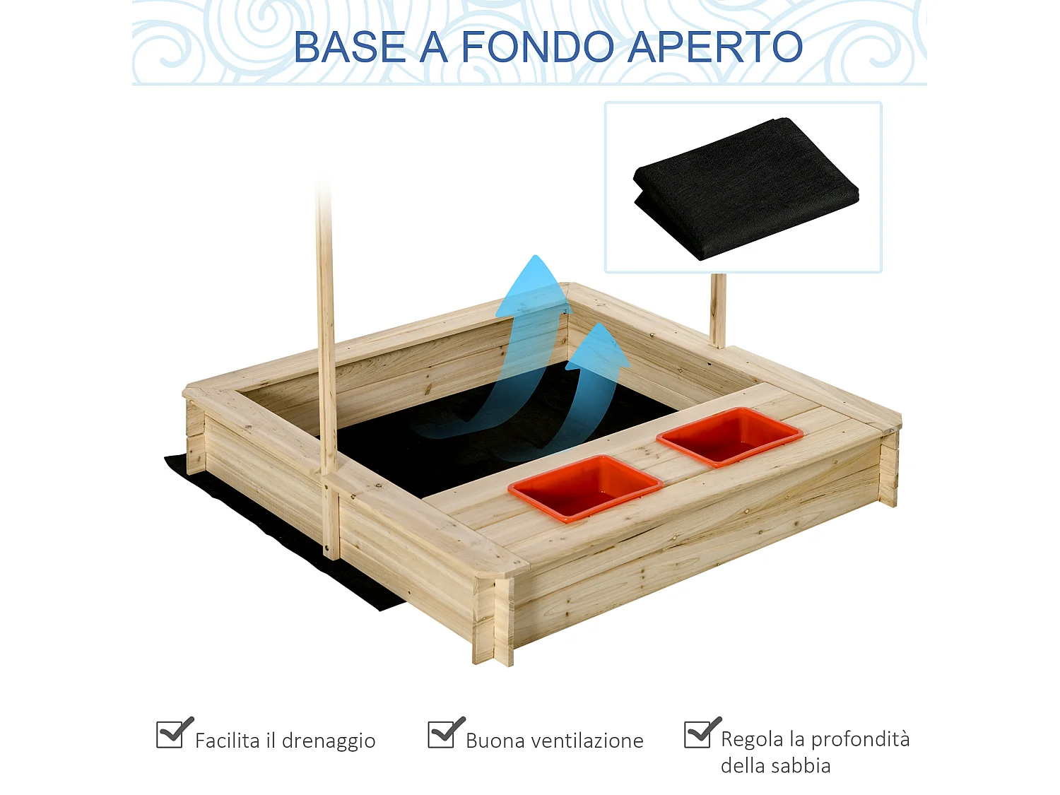 Sabbiera per bambini 3-8 anni in legno con tettuccio regolabile