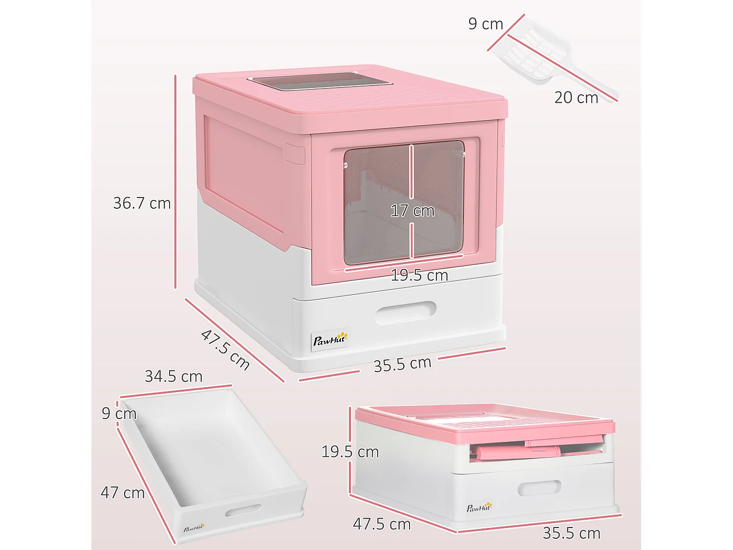 Lettiera per gatti chiusa con paletta e vassoio estraibile rosa e bianco