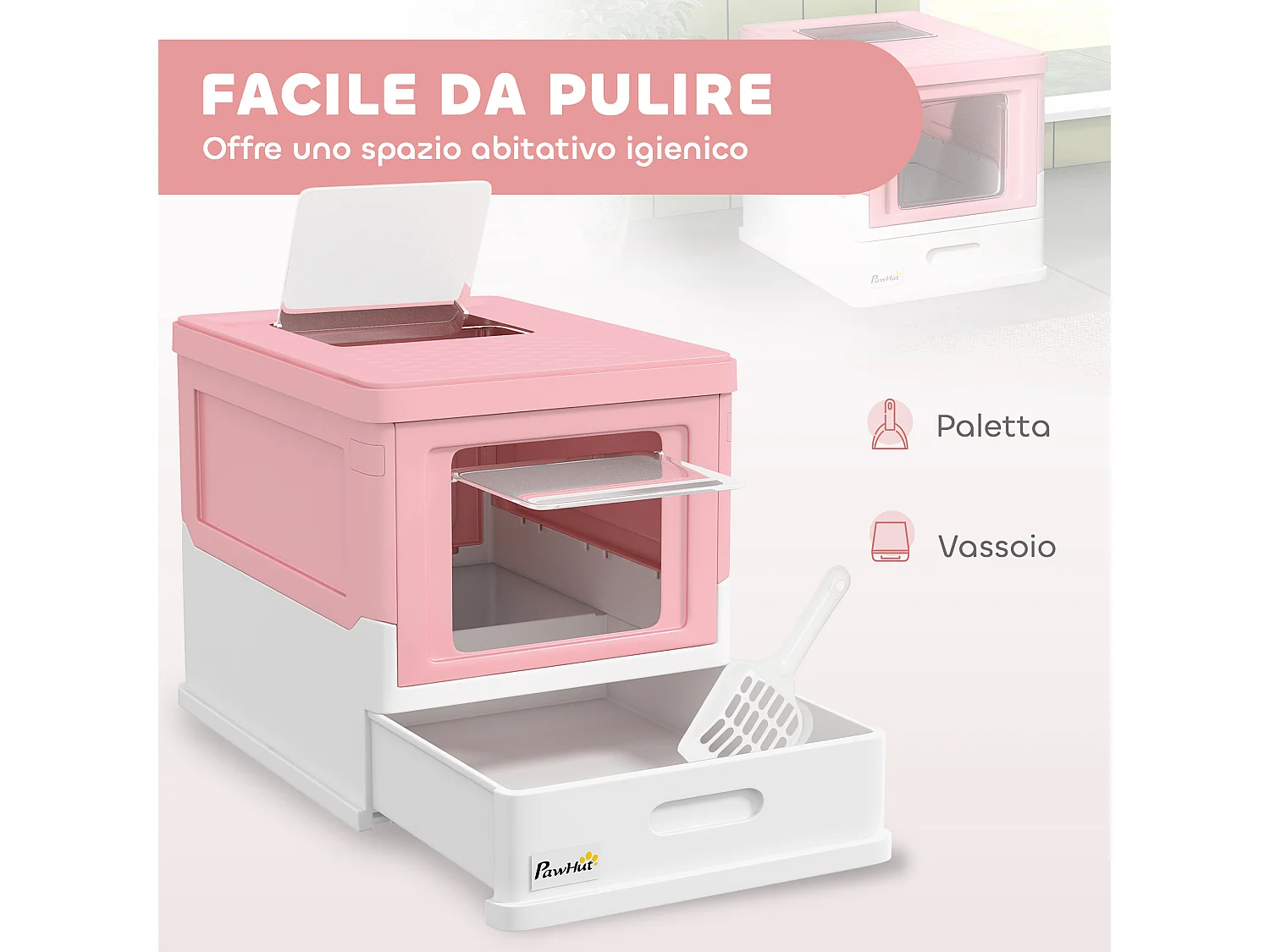 Lettiera per gatti chiusa con paletta e vassoio estraibile rosa e bianco