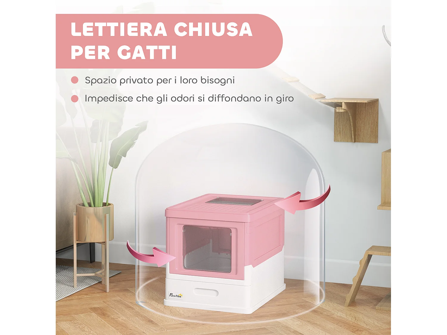 Lettiera per gatti chiusa con paletta e vassoio estraibile rosa e bianco