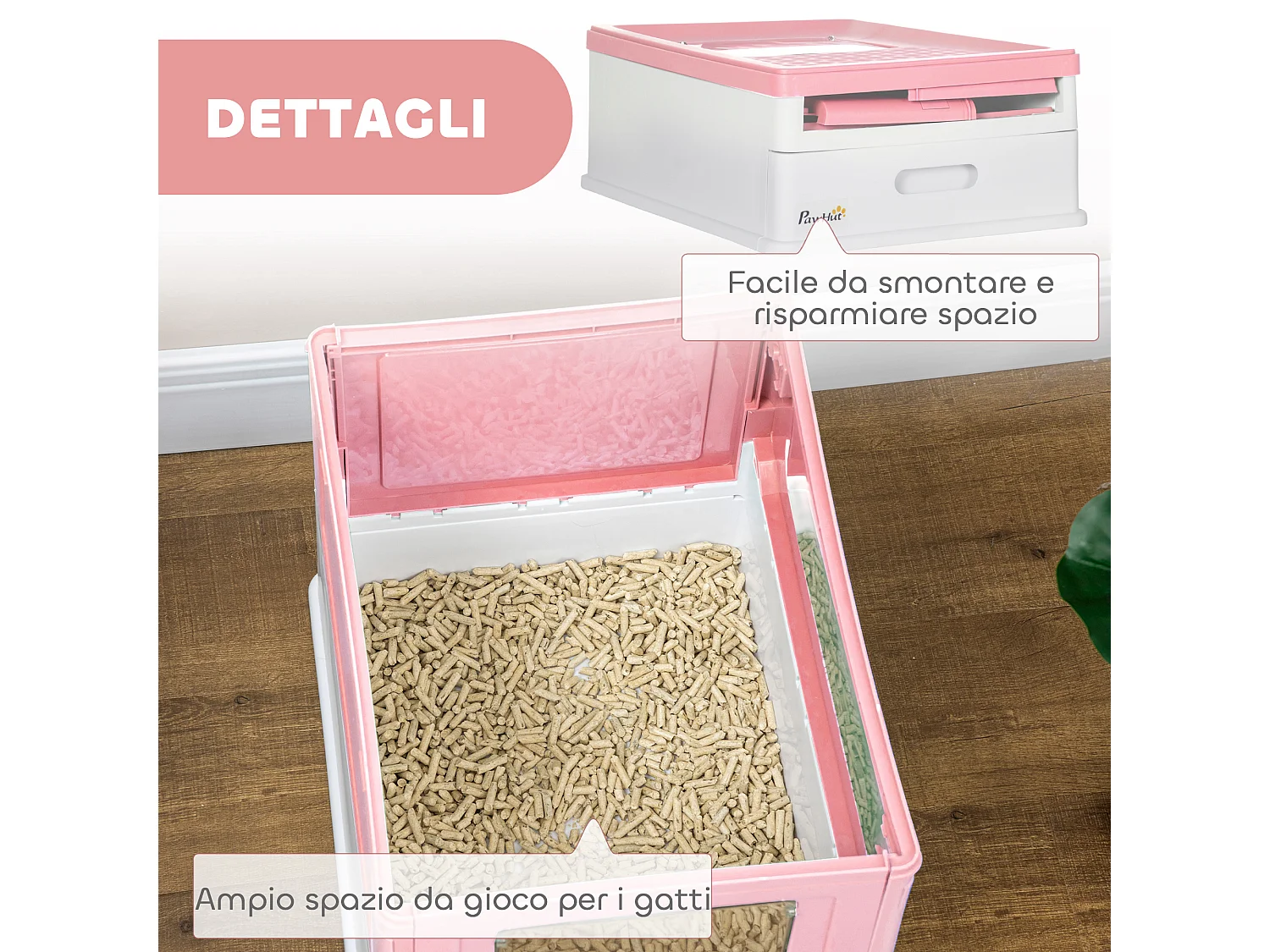 Lettiera per gatti chiusa con paletta e vassoio estraibile rosa e bianco