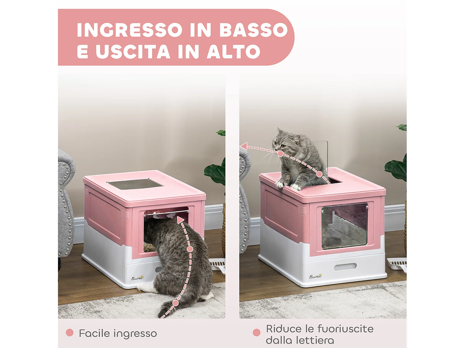 Lettiera per gatti chiusa con paletta e vassoio estraibile rosa e bianco