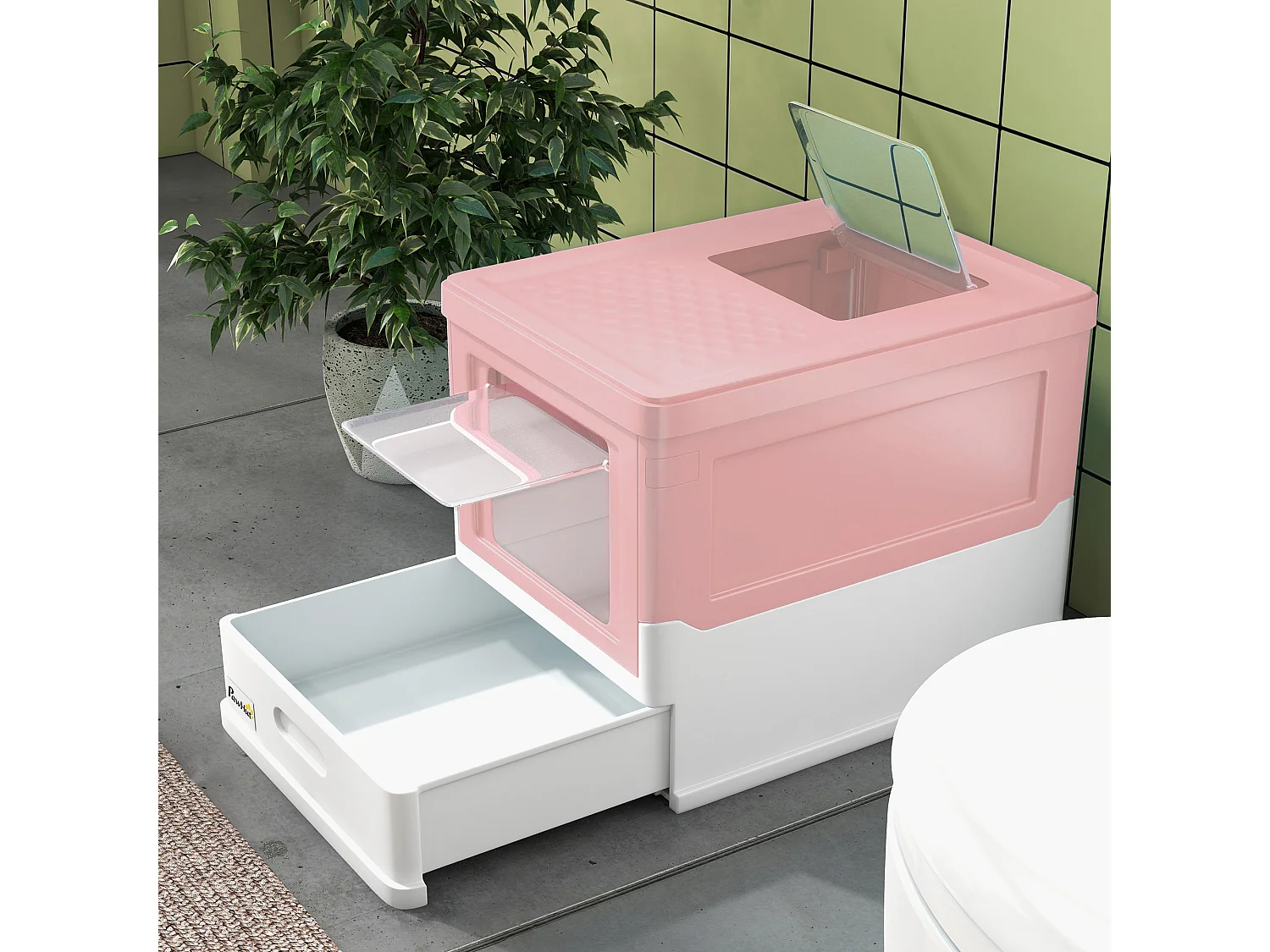 Lettiera per gatti chiusa con paletta e vassoio estraibile rosa e bianco