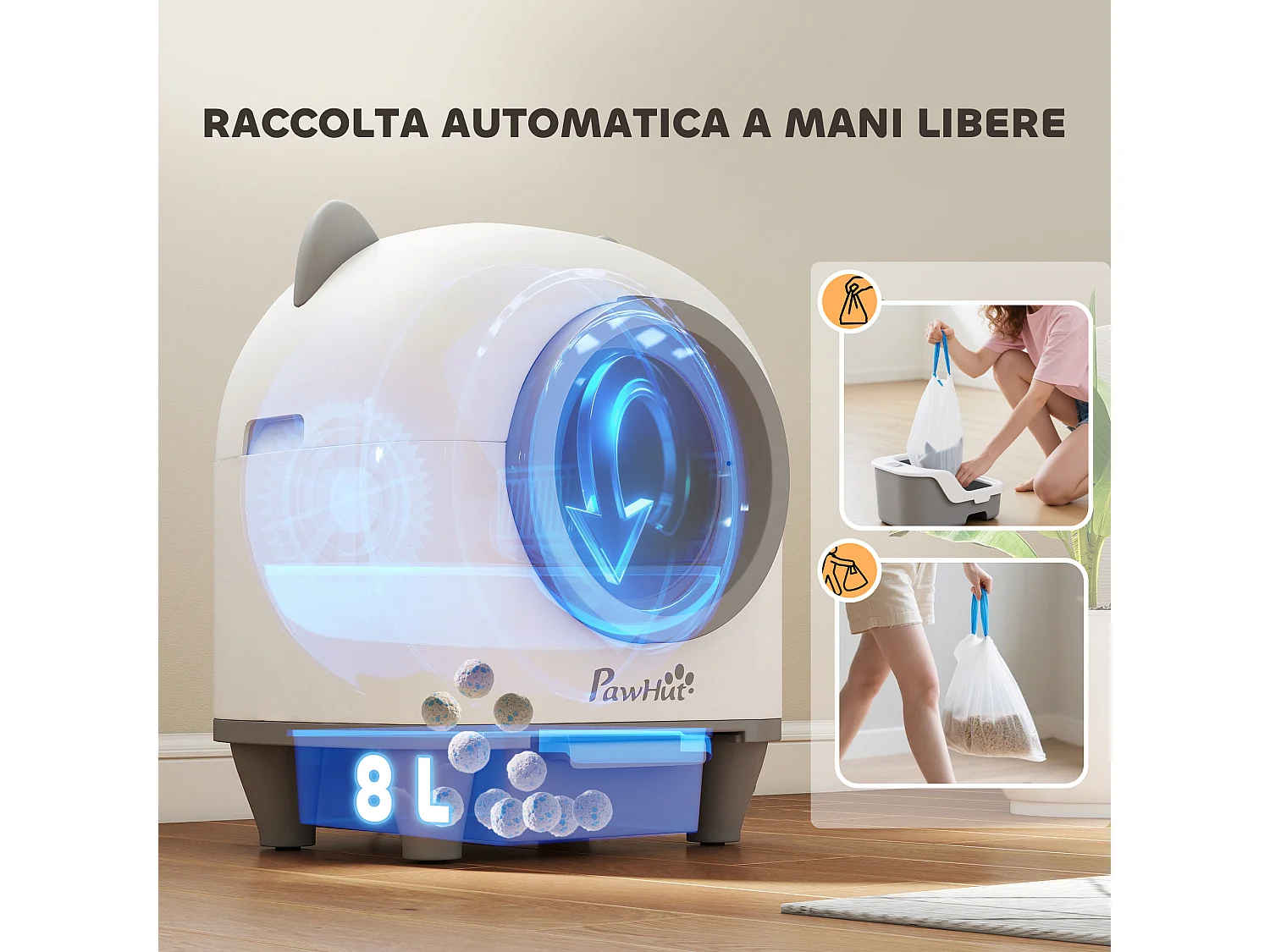 Lettiera autopulente da 80l per gatti 1-5 kg in pp bianco e grigio