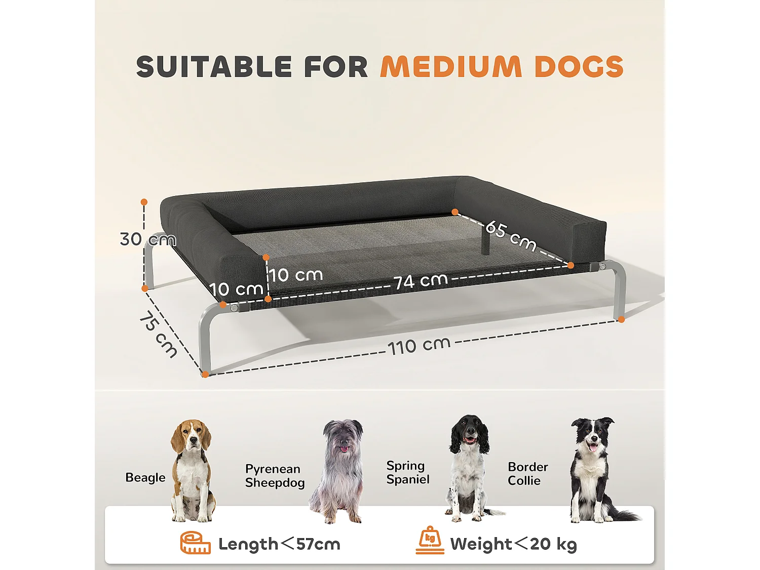 Lettino per cani rialzato con cuscino a u nero e argento