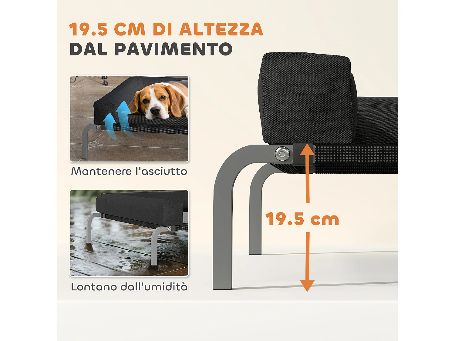 Lettino per cani rialzato con cuscino a u nero e argento