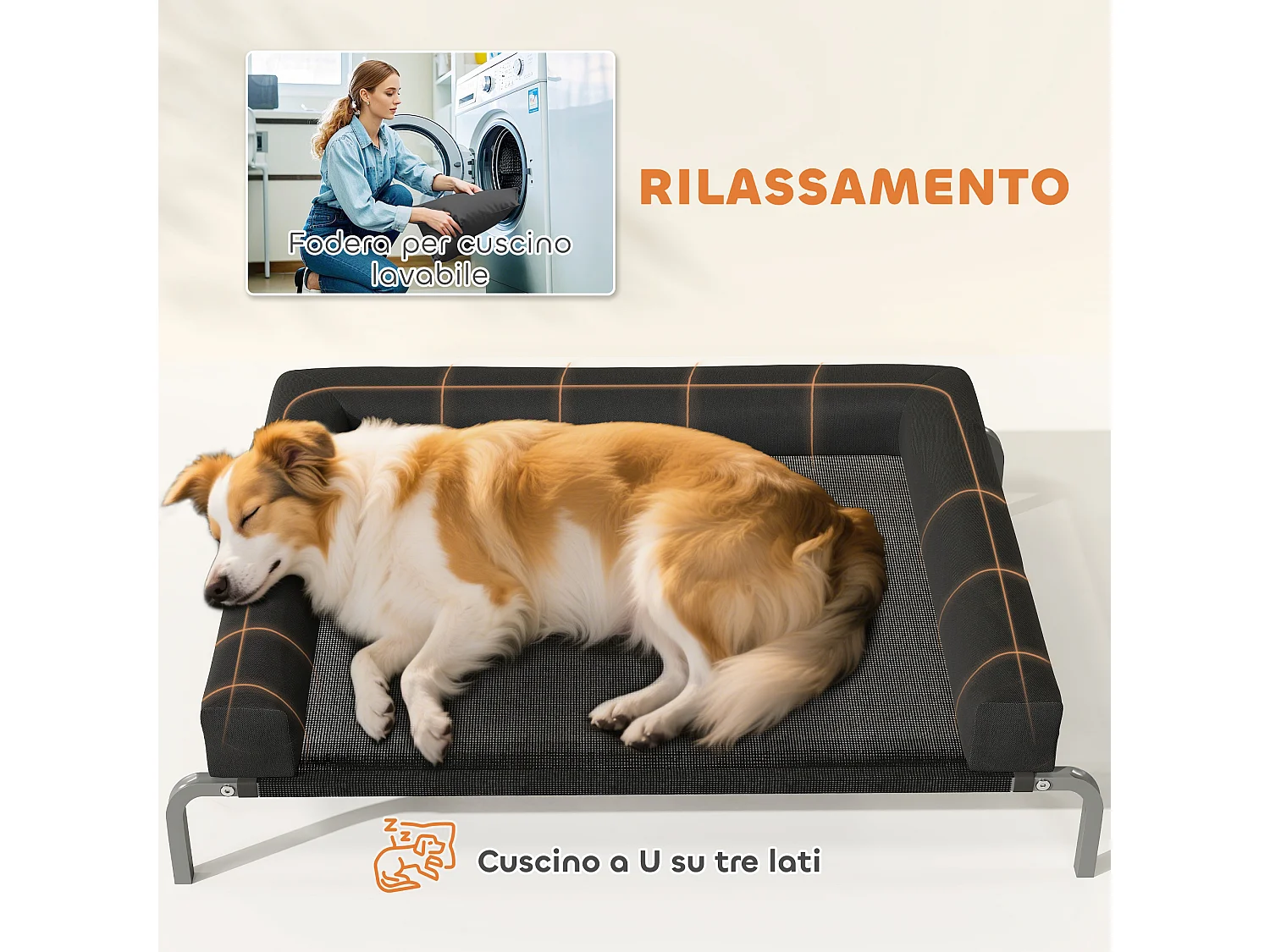 Lettino per cani rialzato con cuscino a u nero e argento