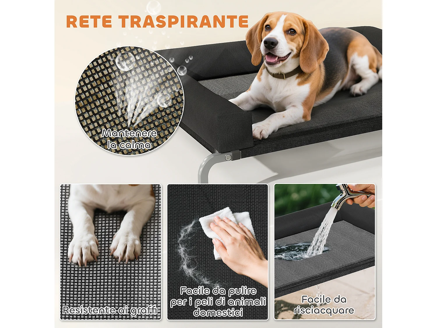 Lettino per cani rialzato con cuscino a u nero e argento