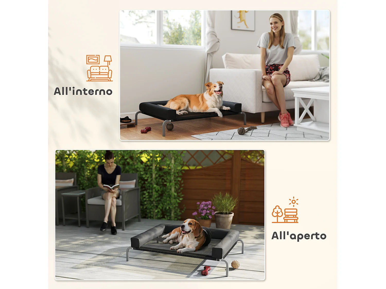 Lettino per cani rialzato con cuscino a u nero e argento