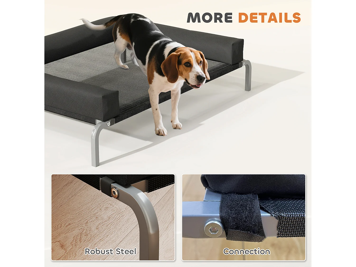 Lettino per cani rialzato con cuscino a u nero e argento