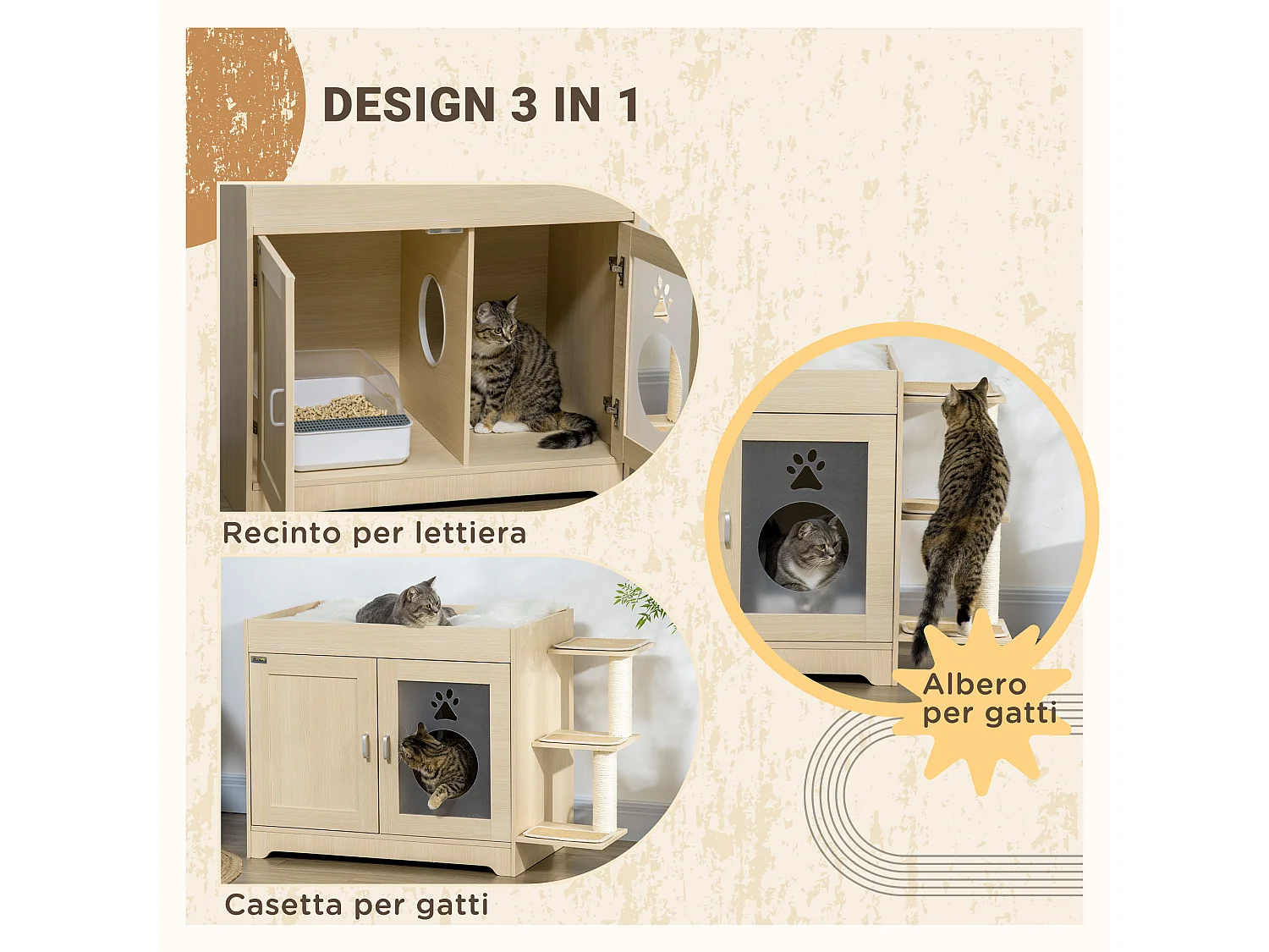 Mobile per lettiera casetta per gatti 2 in 1 con pali tiragraffi