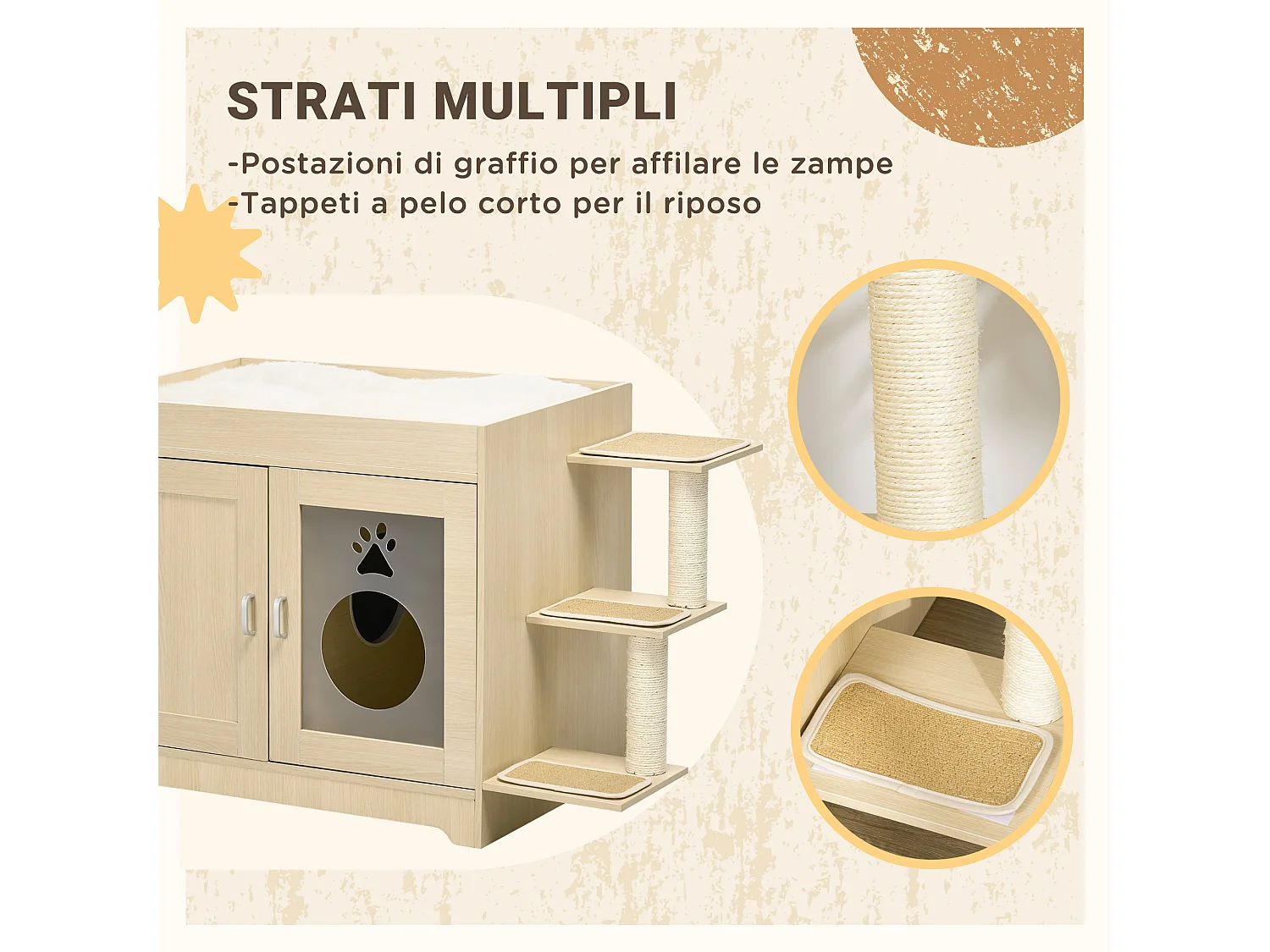 Mobile per lettiera casetta per gatti 2 in 1 con pali tiragraffi