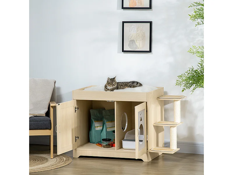 Mobile per lettiera casetta per gatti 2 in 1 con pali tiragraffi