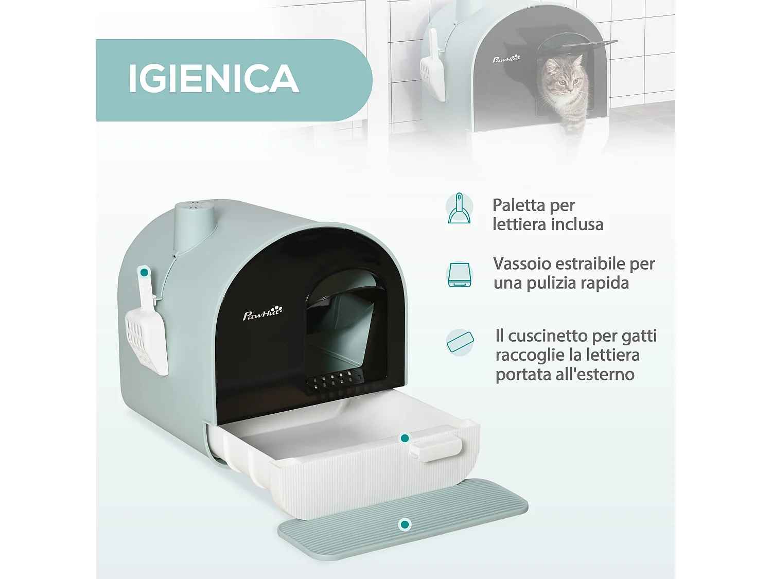 Lettiera per gatti chiusa con filtri paletta e vassoio removibile