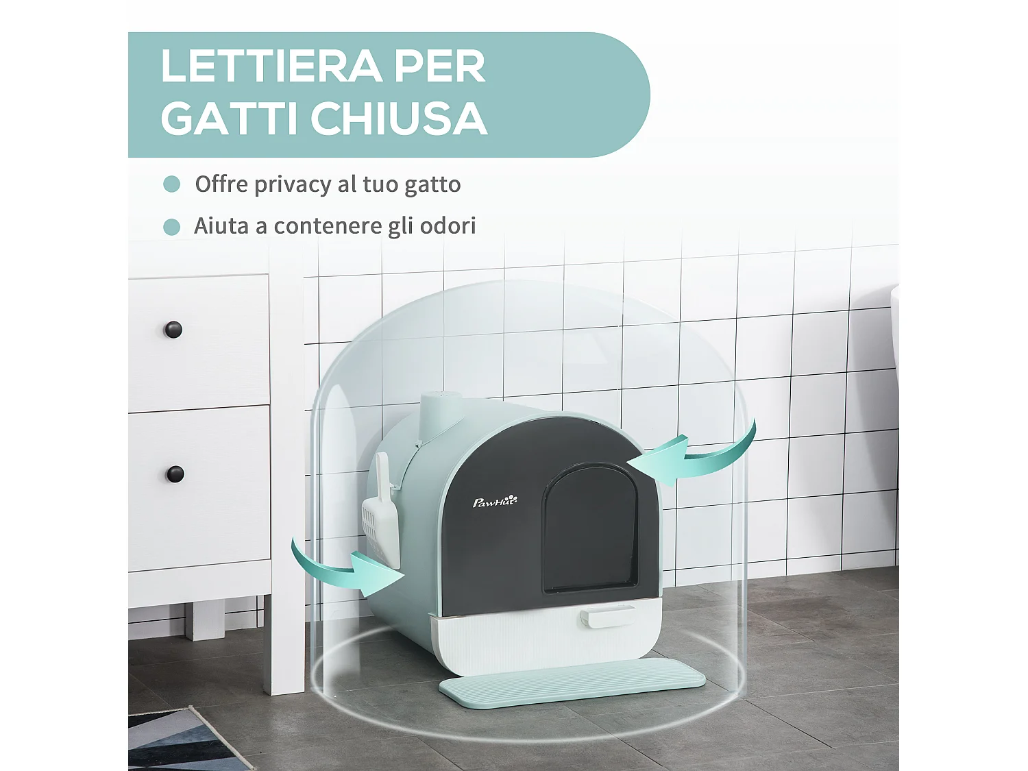 Lettiera per gatti chiusa con filtri paletta e vassoio removibile