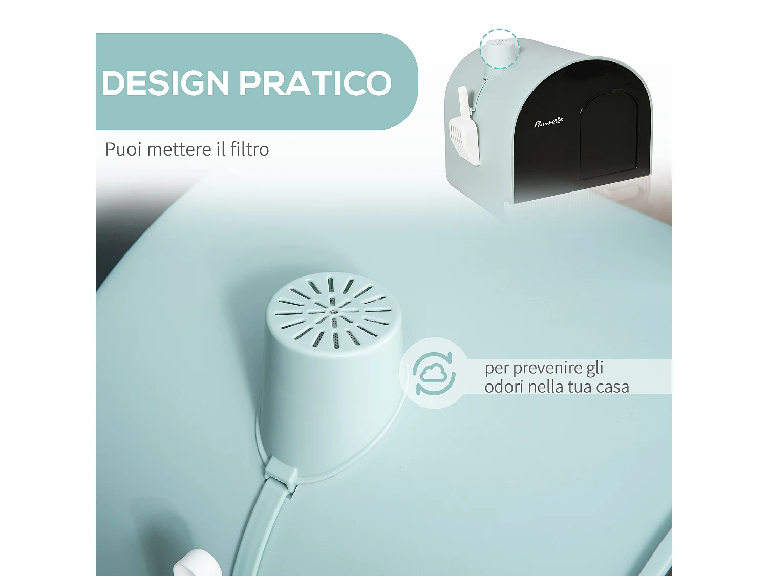 Lettiera per gatti chiusa con filtri paletta e vassoio removibile