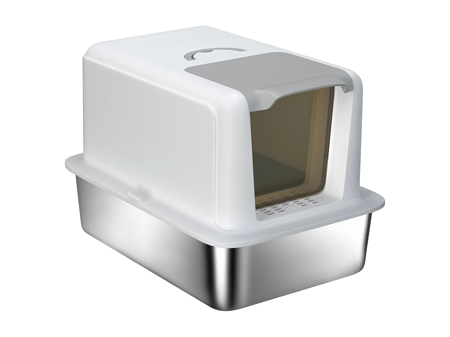 Lettiera per gatti chiusa in pp con vassoio in acciaio bianco e argento