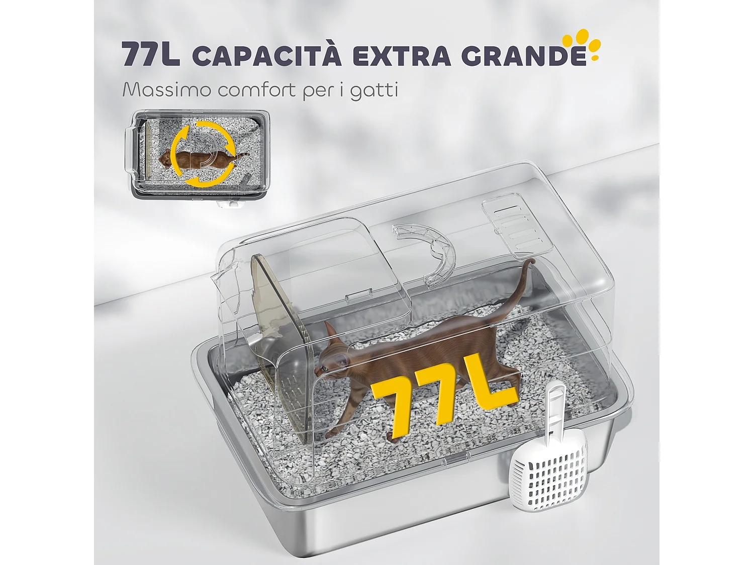 Lettiera per gatti chiusa in pp con vassoio in acciaio bianco e argento