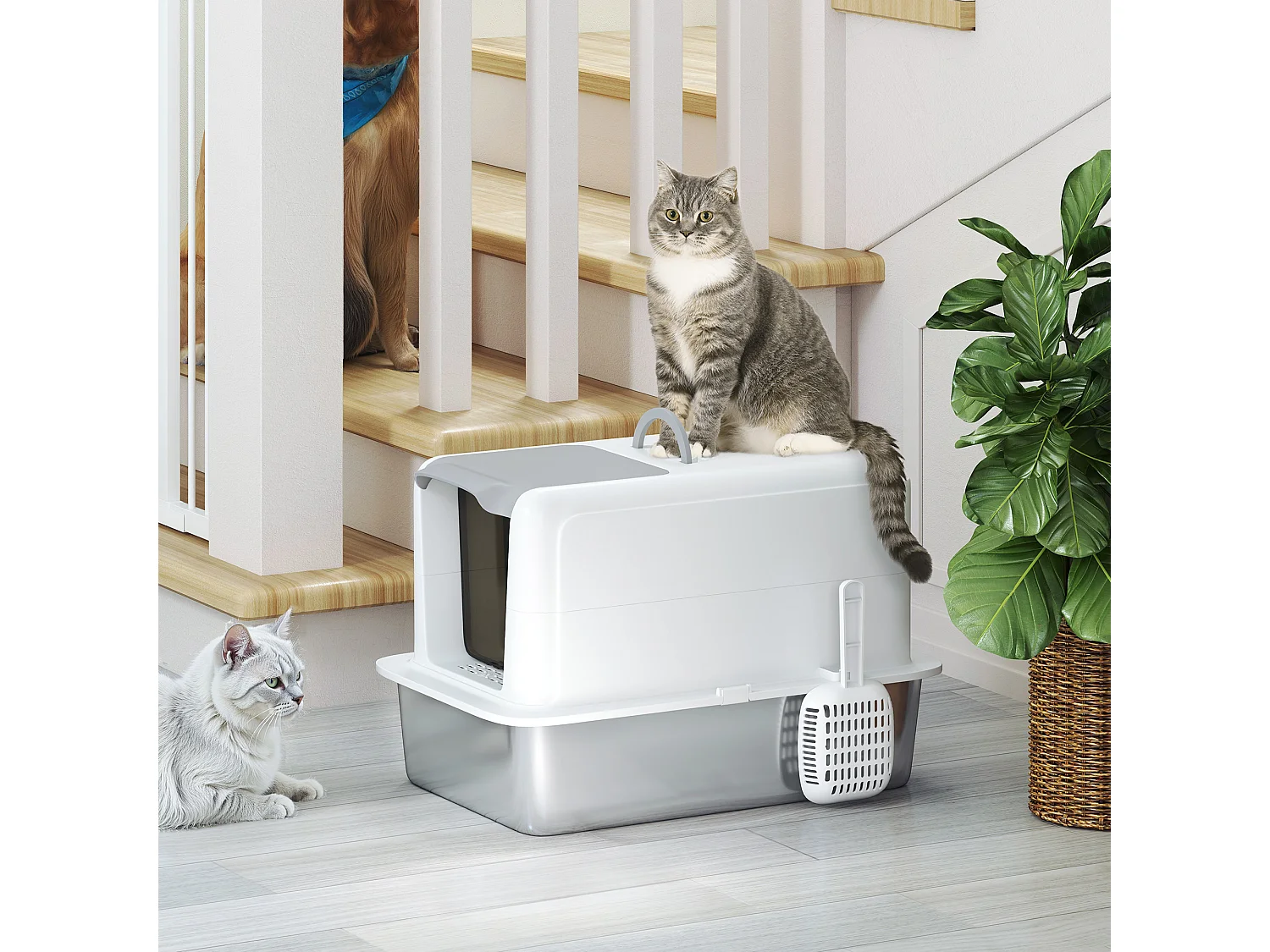 Lettiera per gatti chiusa in pp con vassoio in acciaio bianco e argento