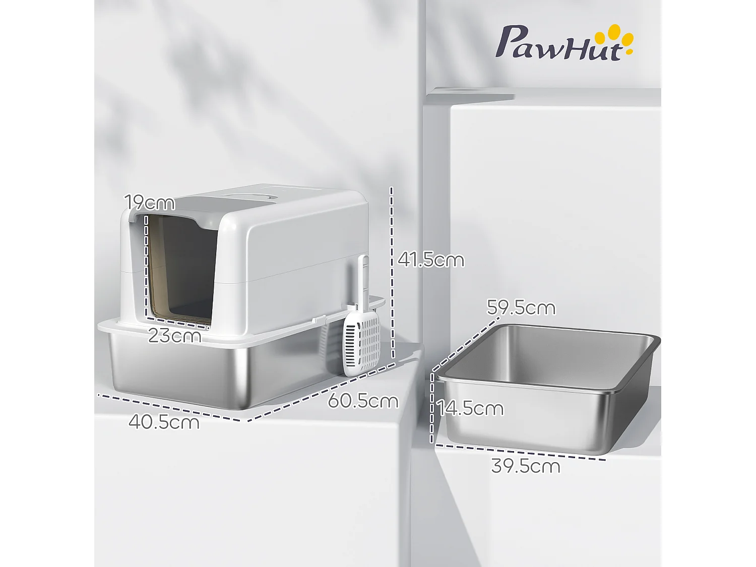 Lettiera per gatti chiusa in pp con vassoio in acciaio bianco e argento