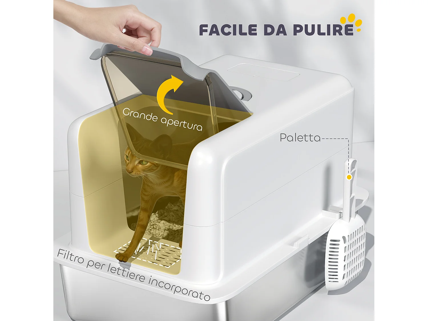Lettiera per gatti chiusa in pp con vassoio in acciaio bianco e argento
