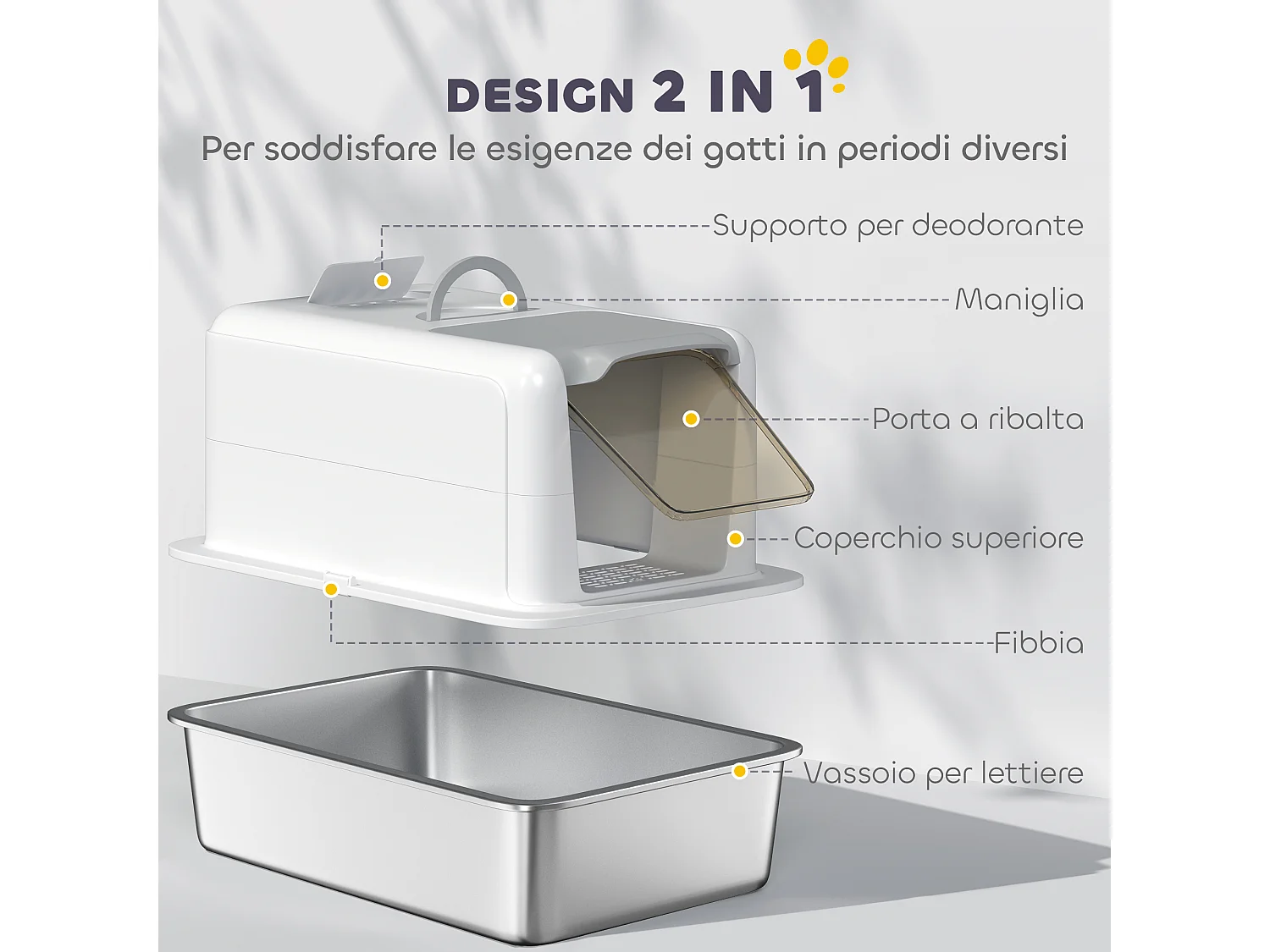 Lettiera per gatti chiusa in pp con vassoio in acciaio bianco e argento