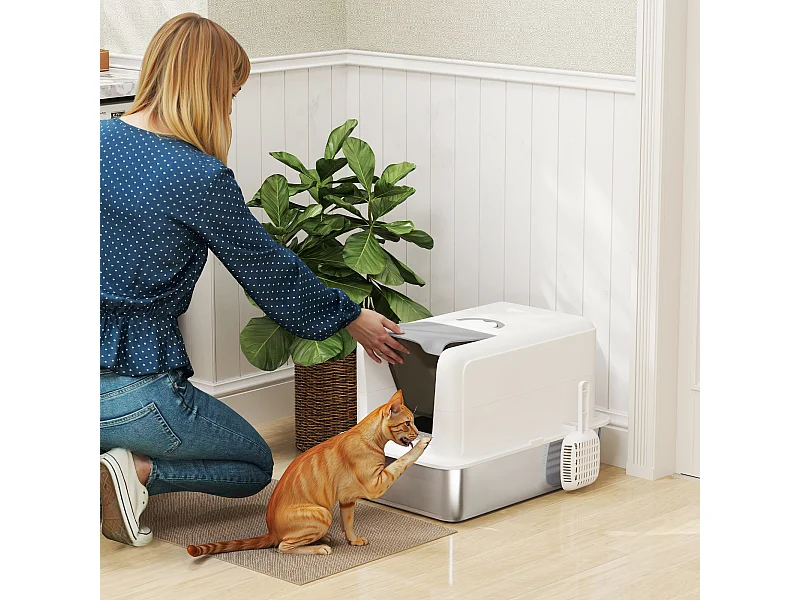 Lettiera per gatti chiusa in pp con vassoio in acciaio bianco e argento
