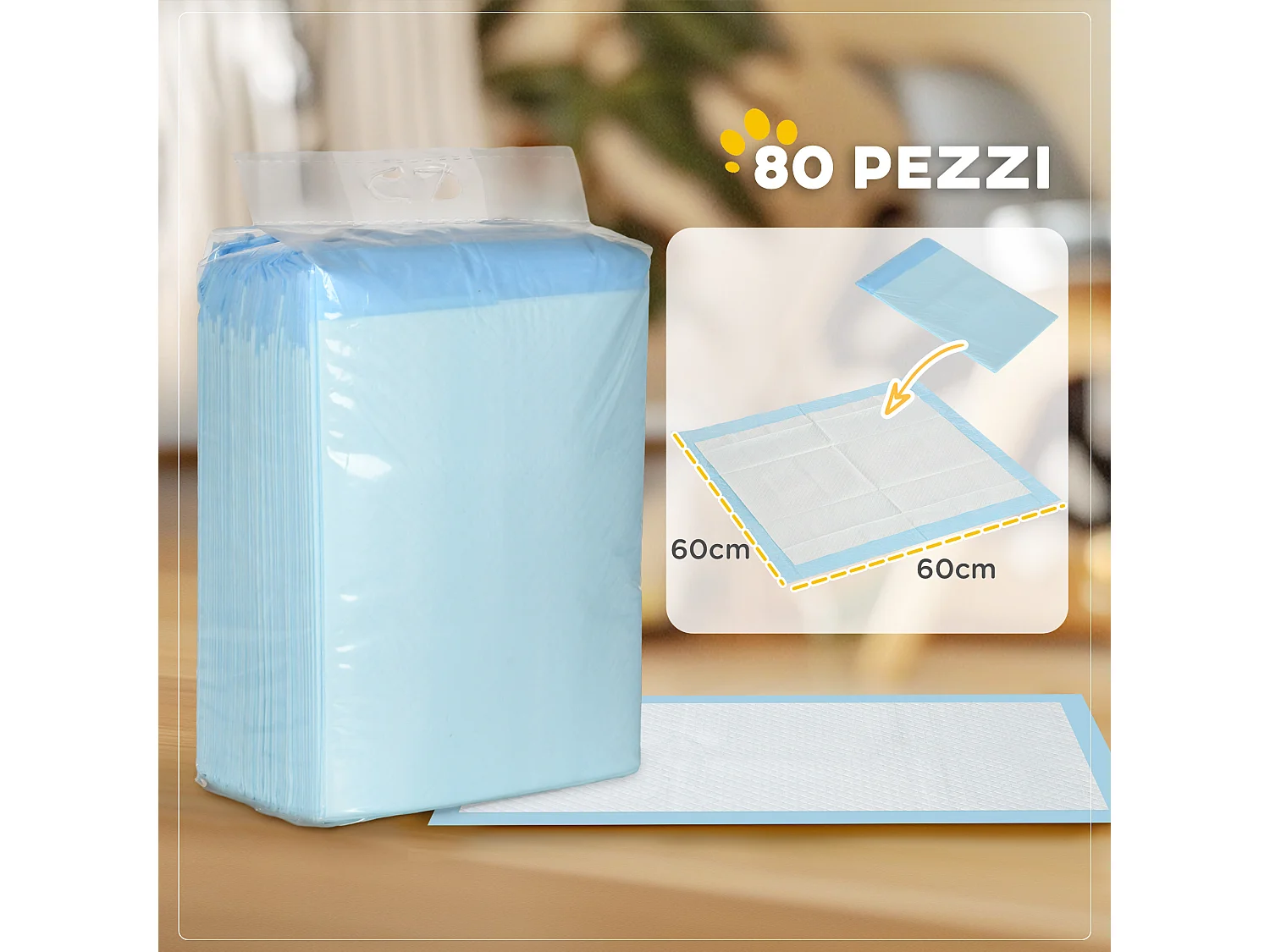 Set 80 tappetini igienici per cani a 6 strati 60x60 cm blu e bianco