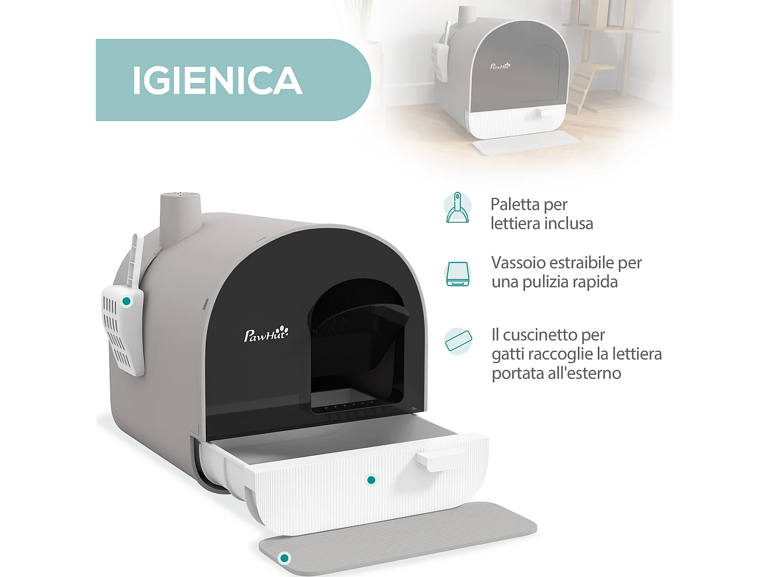 Lettiera per gatti chiusa con filtri paletta e vassoio rimovibile grigio