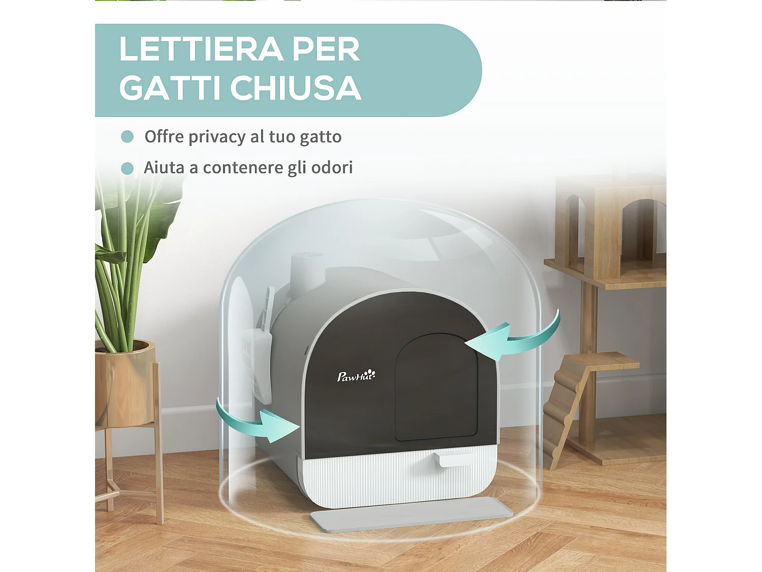 Lettiera per gatti chiusa con filtri paletta e vassoio rimovibile grigio