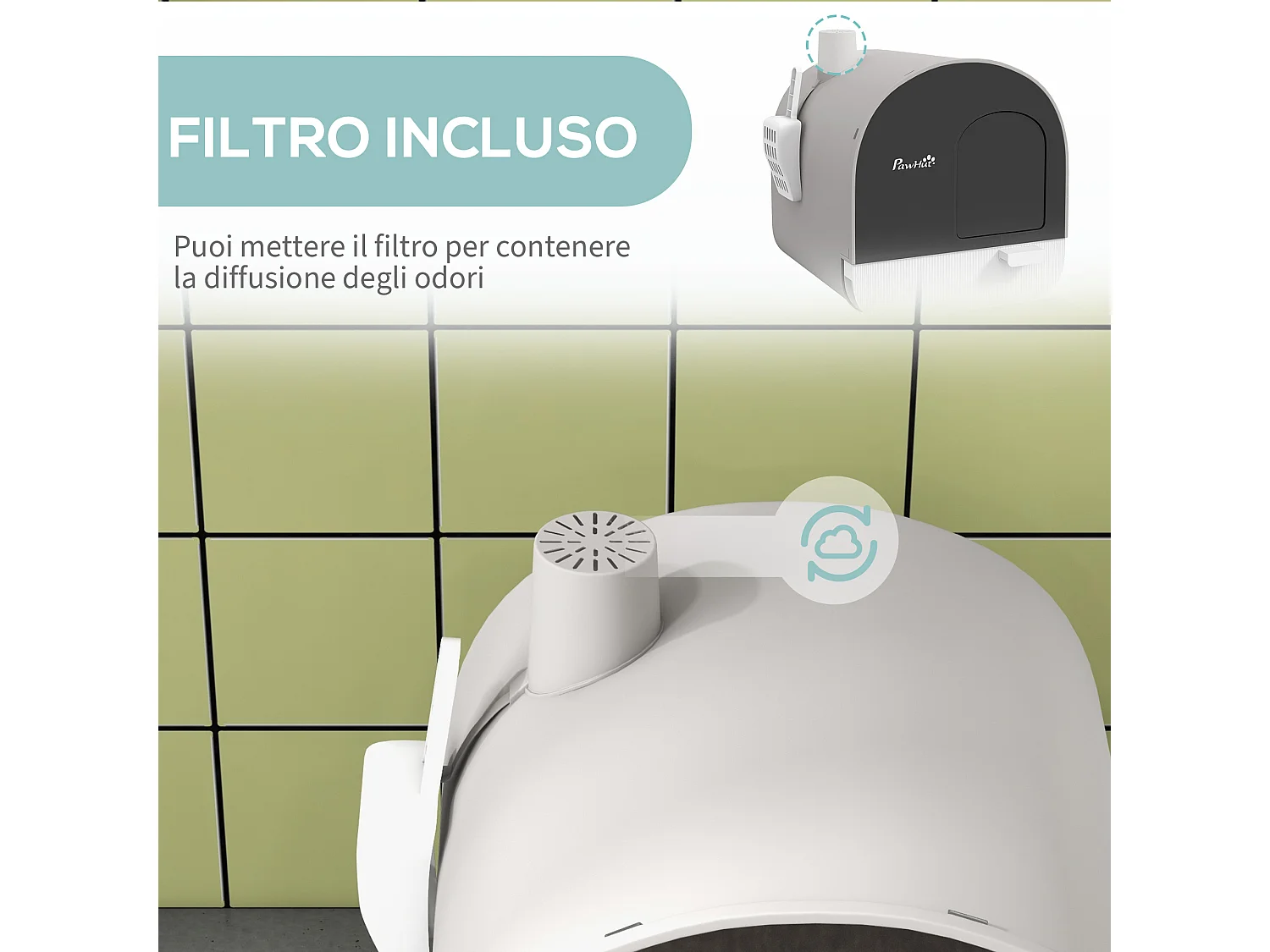 Lettiera per gatti chiusa con filtri paletta e vassoio rimovibile grigio