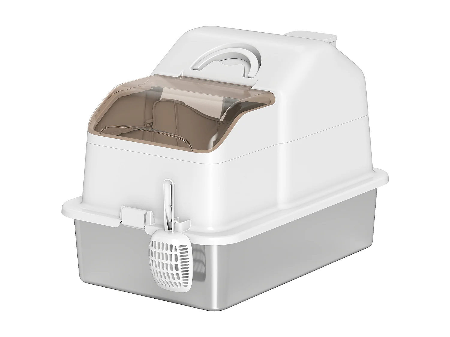 Lettiera per gatti chiusa con 2 tappetini e maniglia bianca e argento