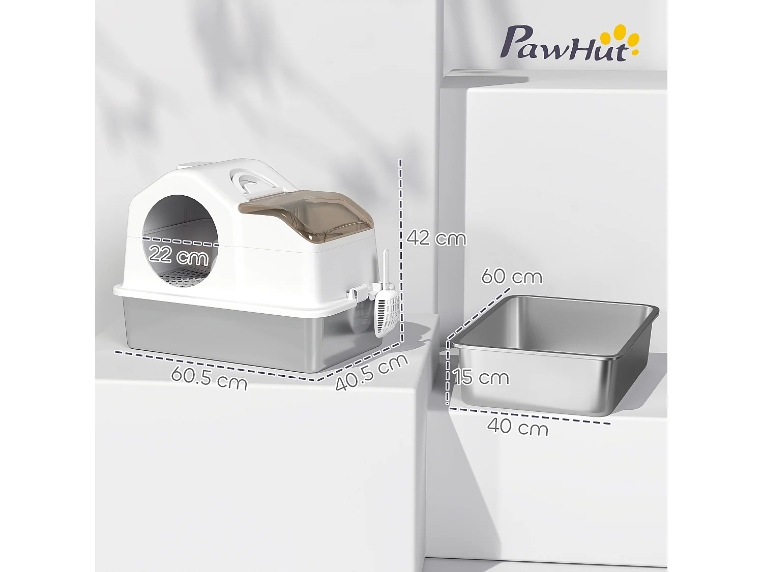 Lettiera per gatti chiusa con 2 tappetini e maniglia bianca e argento