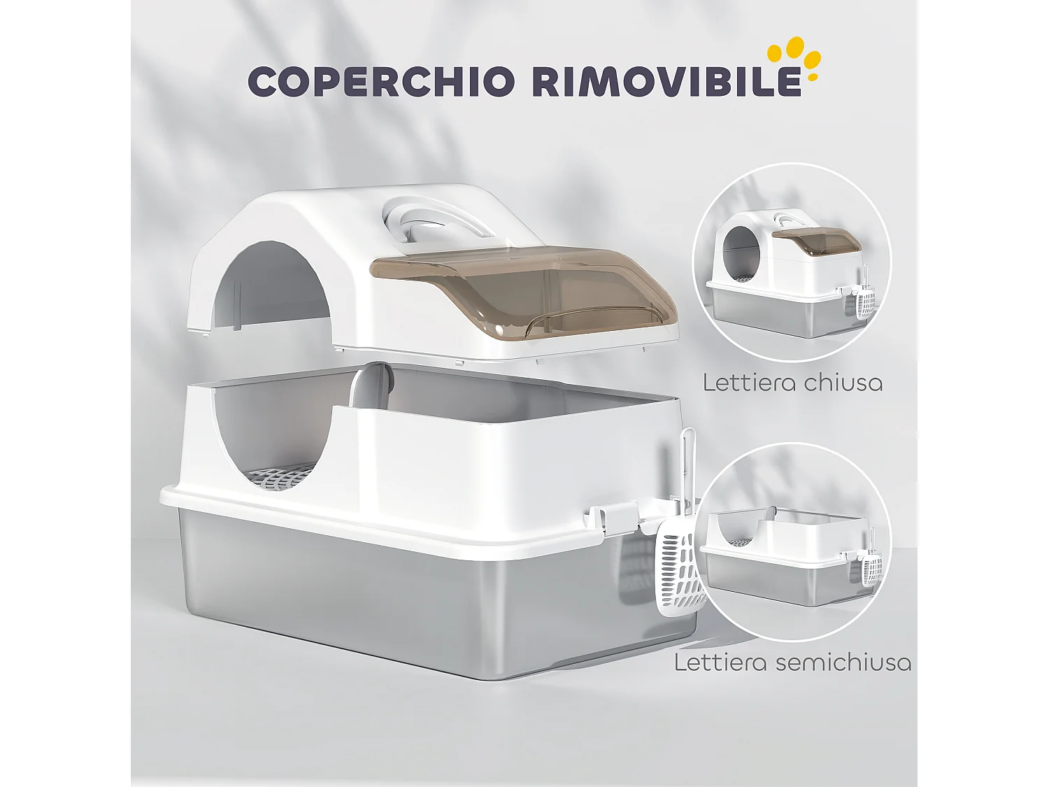 Lettiera per gatti chiusa con 2 tappetini e maniglia bianca e argento