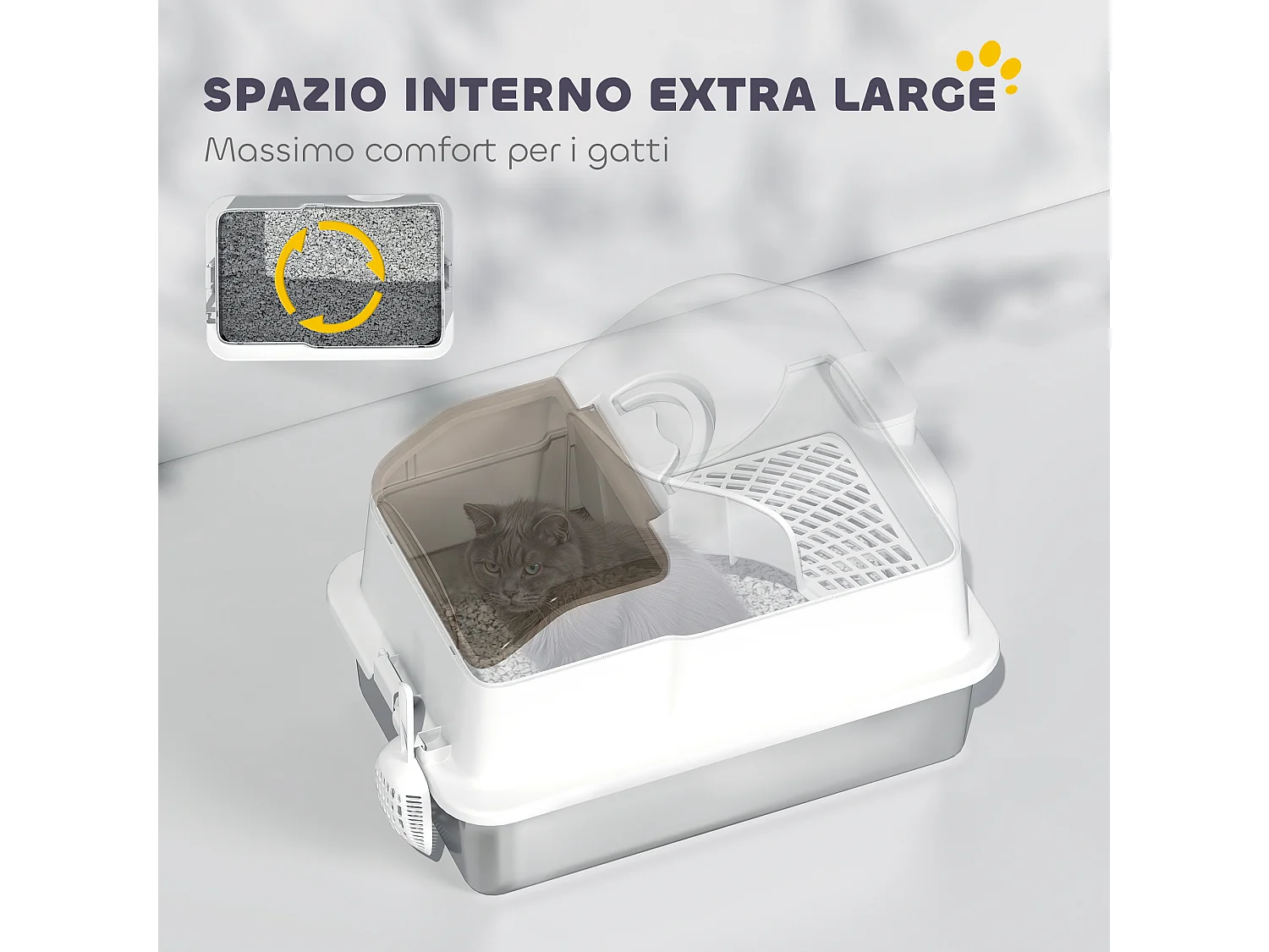 Lettiera per gatti chiusa con 2 tappetini e maniglia bianca e argento