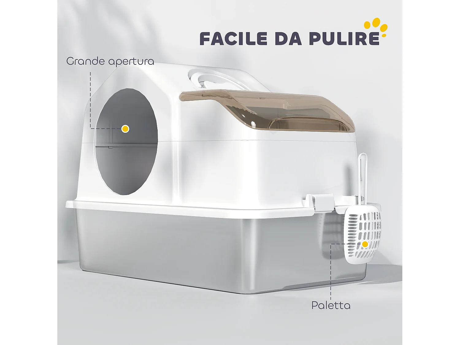 Lettiera per gatti chiusa con 2 tappetini e maniglia bianca e argento