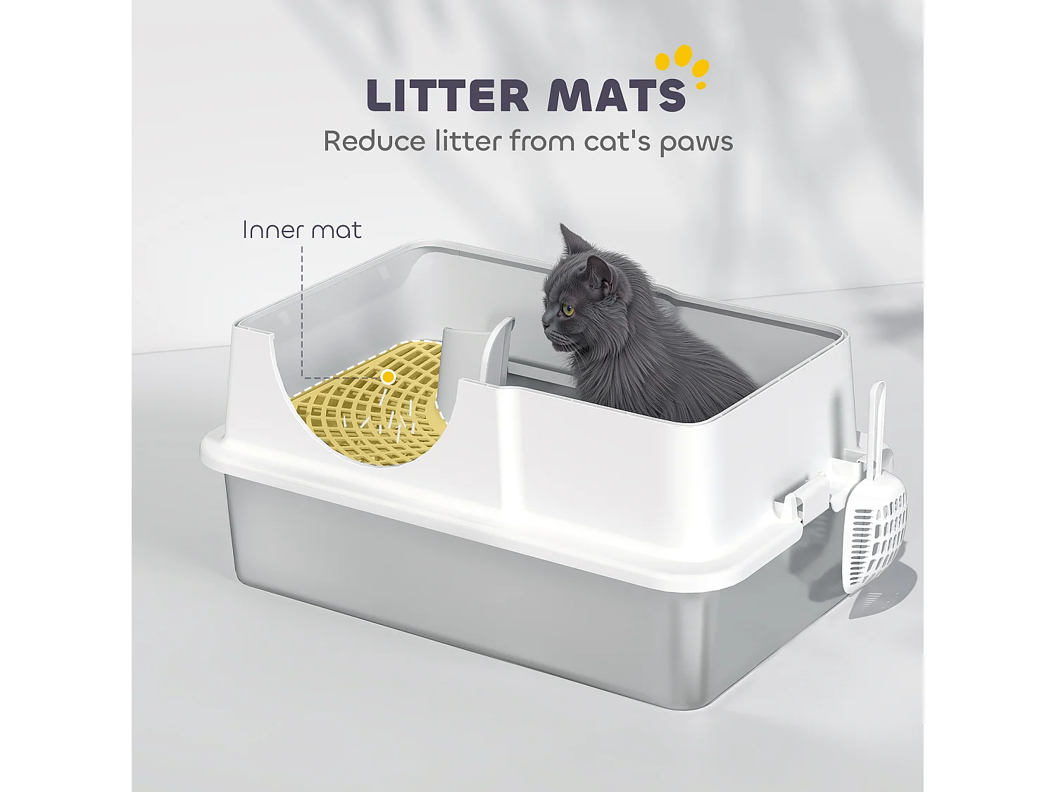 Lettiera per gatti chiusa con 2 tappetini e maniglia bianca e argento