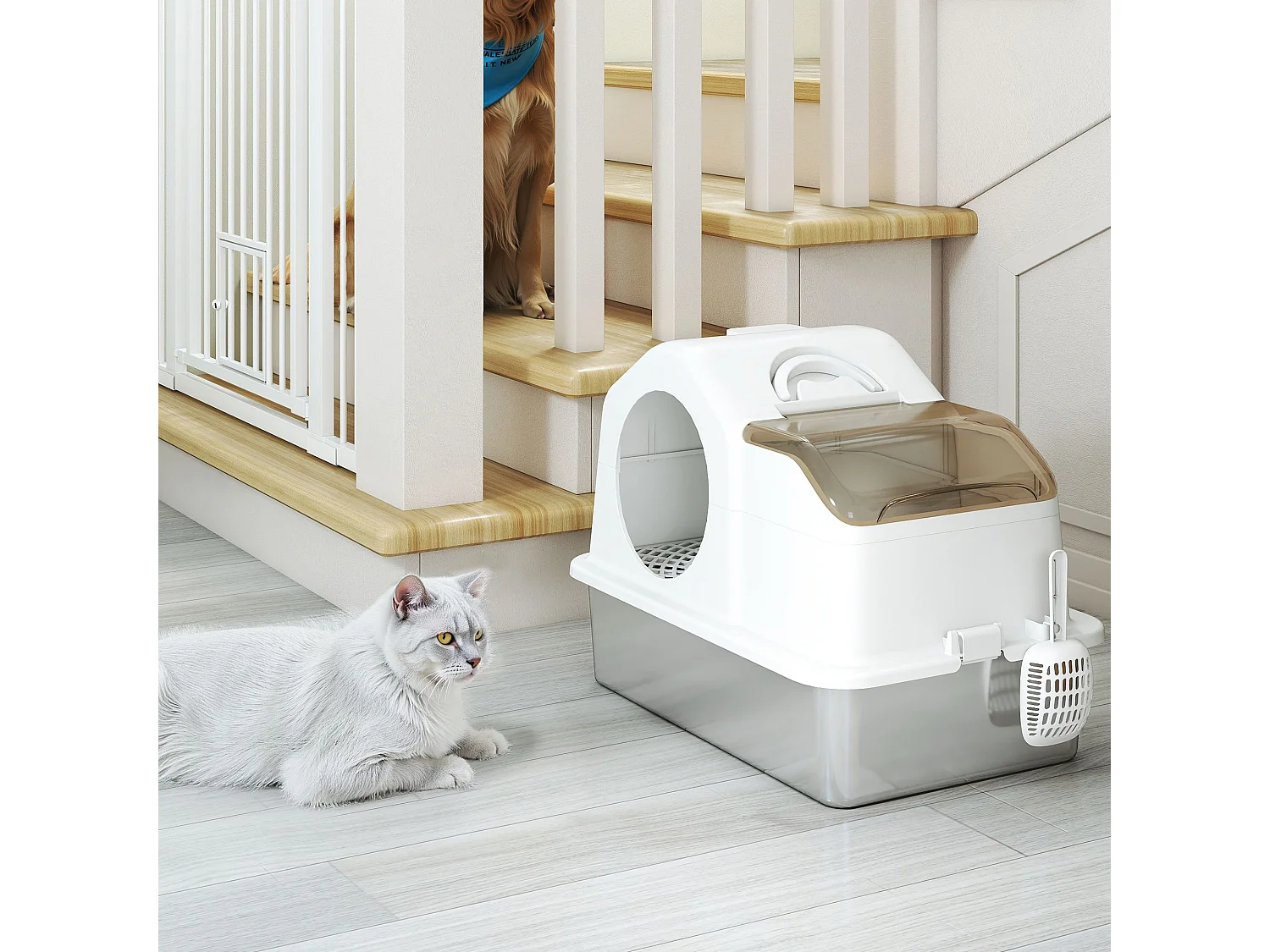 Lettiera per gatti chiusa con 2 tappetini e maniglia bianca e argento