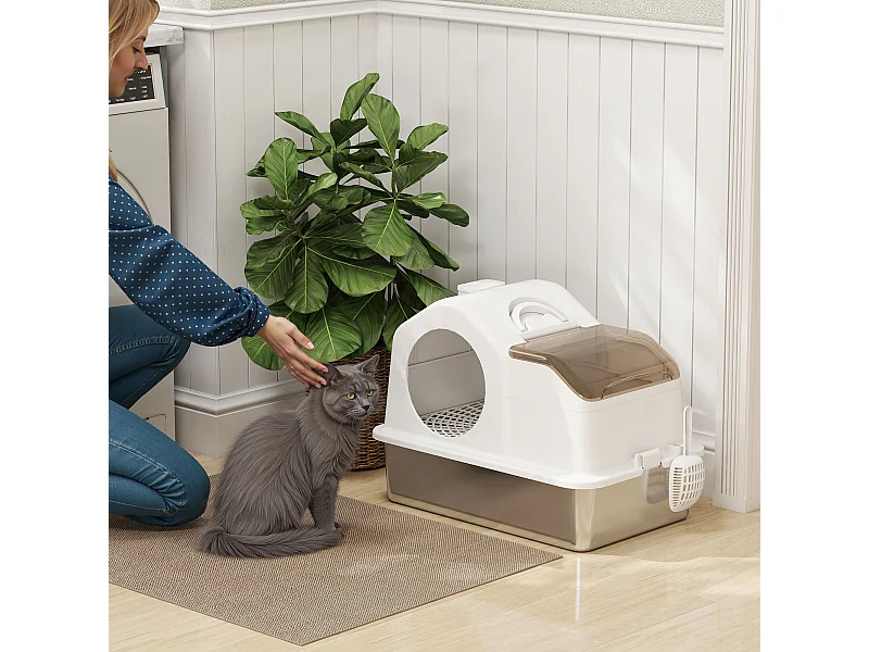 Lettiera per gatti chiusa con 2 tappetini e maniglia bianca e argento
