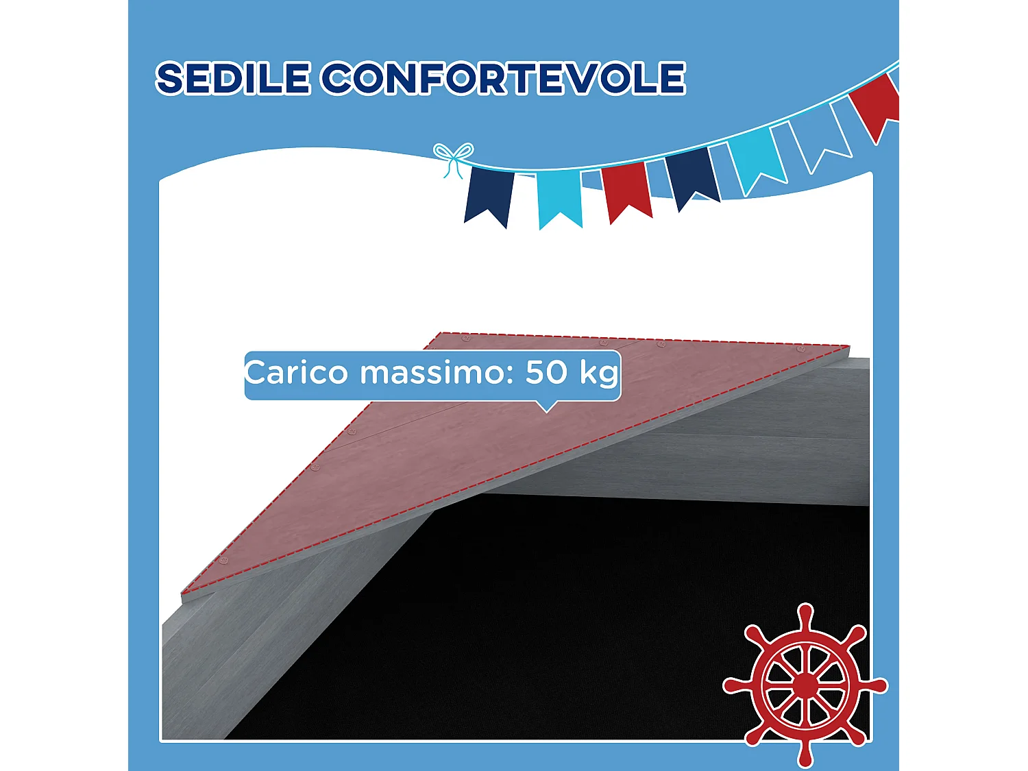 Sabbiera per bambini 3-8 anni a forma di barca in legno e poliestere