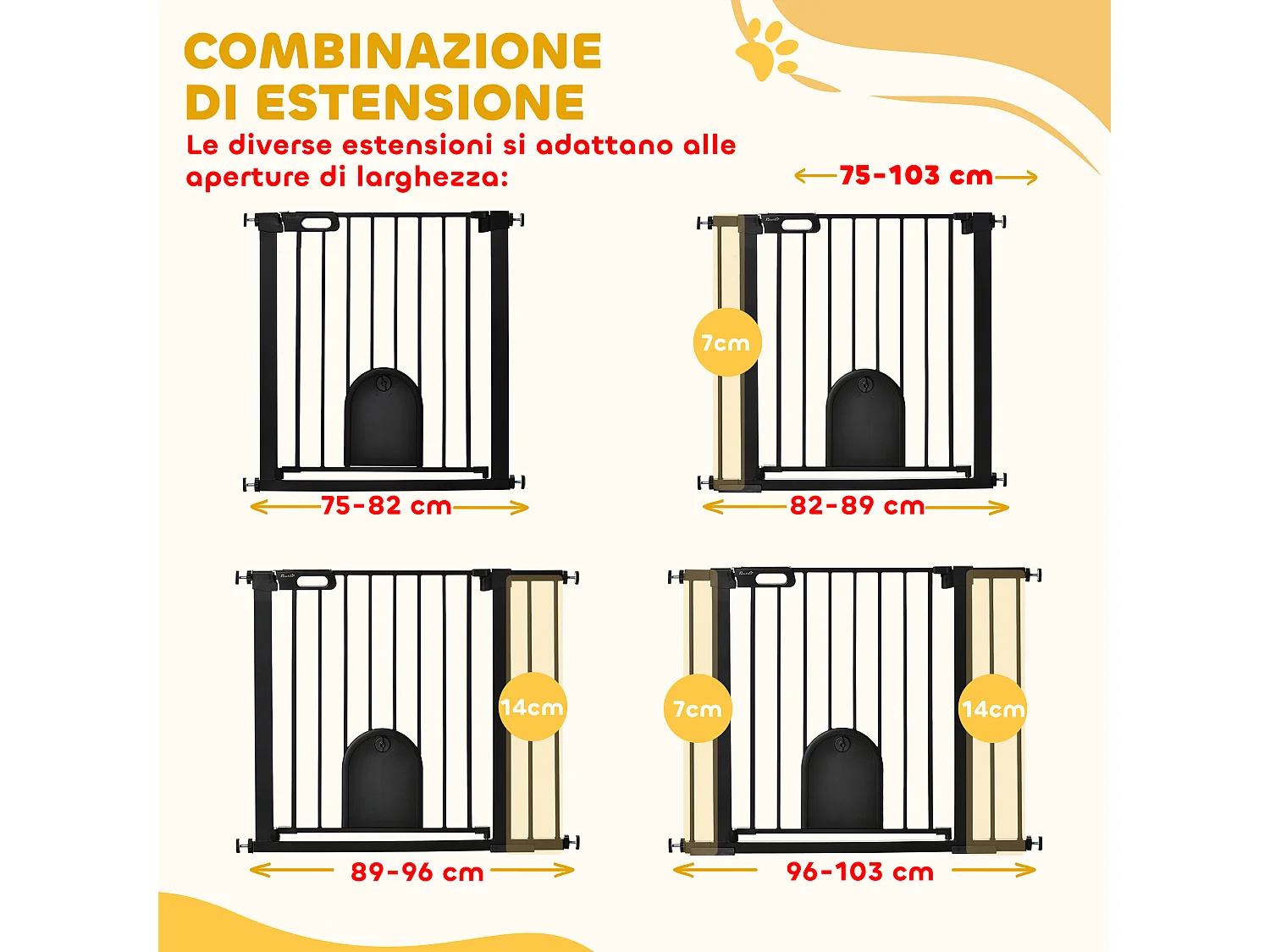 Cancellino cani 75-103cm con porta piccola e chiusura automatica nero