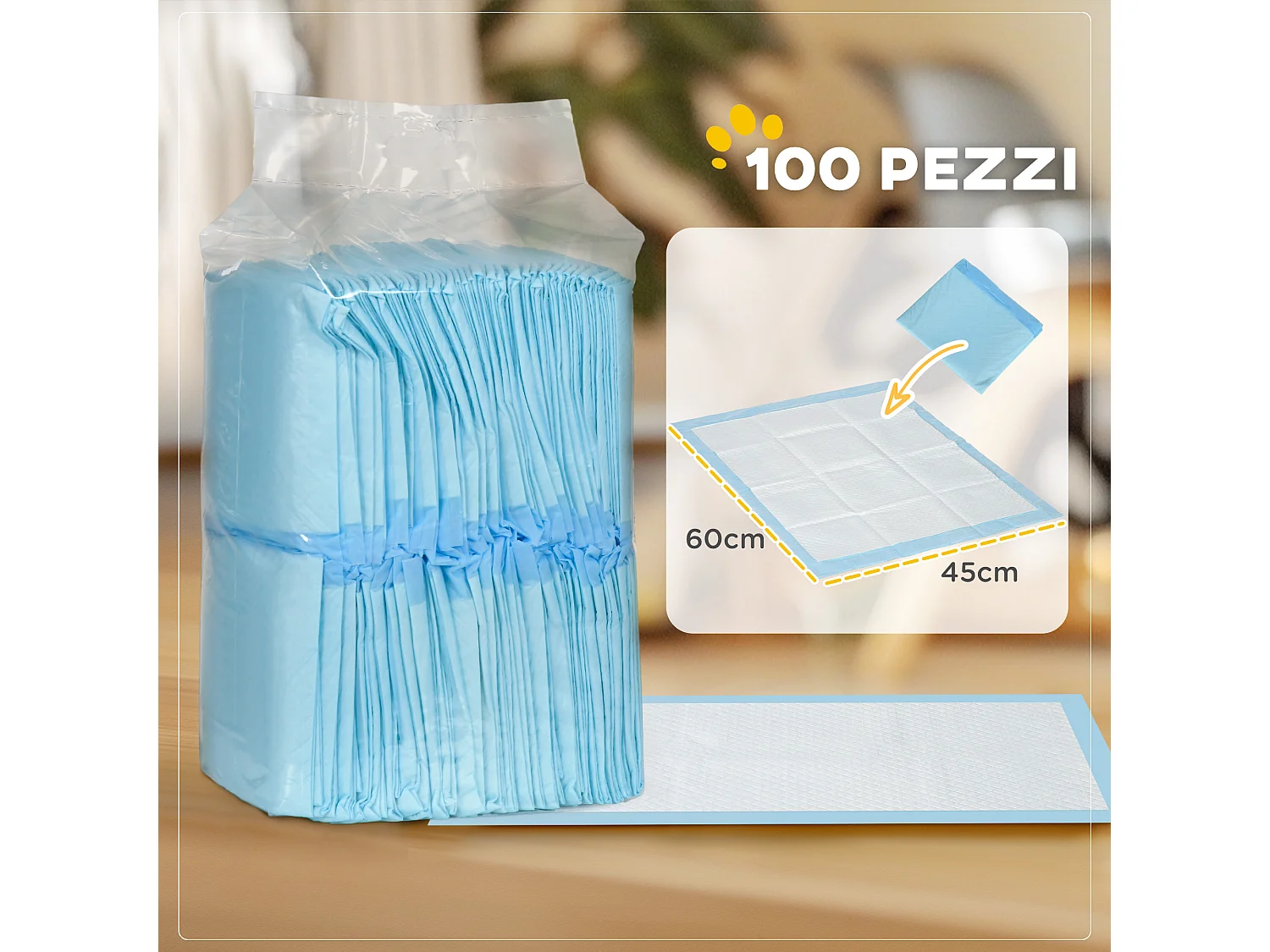 Set 100 tappetini igienici per cani a 6 strati 45x60 cm blu e bianco