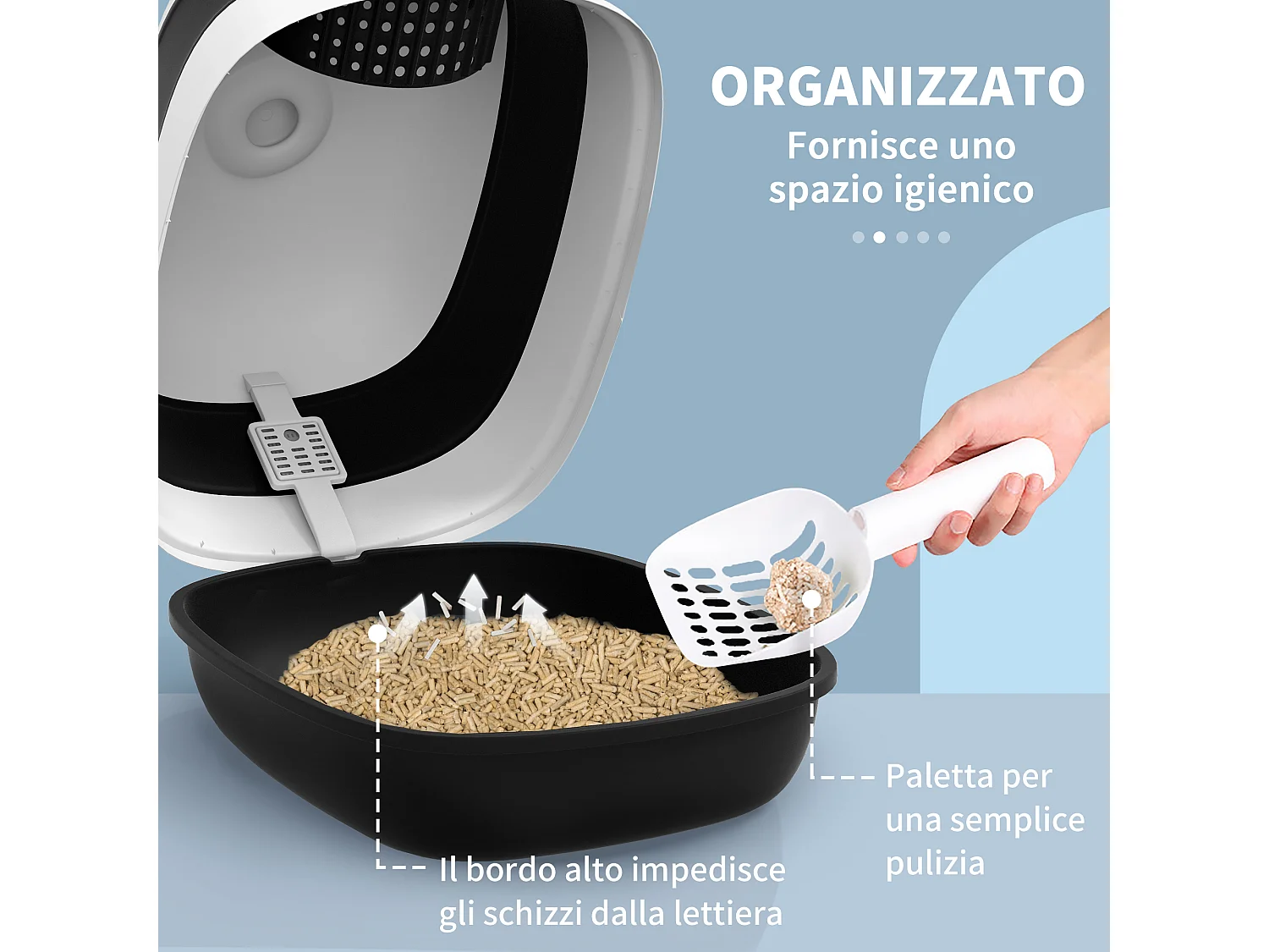 Lettiera per gatti con coperchio pieghevole con paletta e deodorante nero