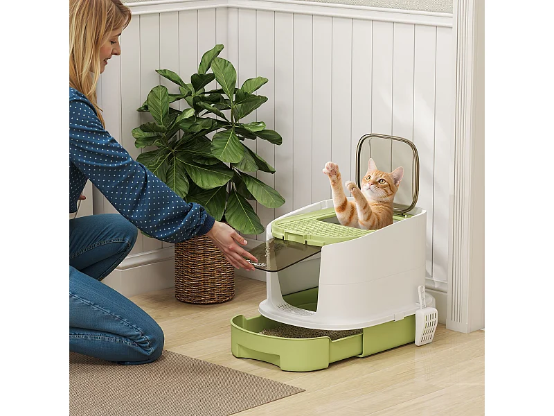 Lettiera per gatti chiusa con 2 porte, vassoio e deodorante verde